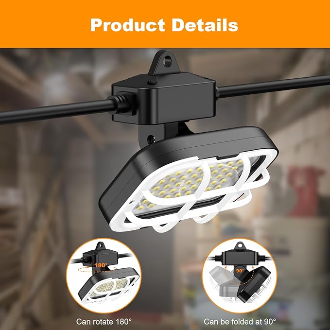 50ft LED Construction String Lights, 75w 7500lm, Adjuest 90&180 Degrees On Both Sides, Waterproof IP66 5000K Super Bright Temporary Lighting for Construction Site, Job Site, Work Site