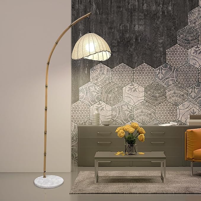Boho Arc Bamboo Floor Lamp,Vintage Bohemia Floor Lamps with 3 Color Temperatures,Floor Light for Living Room and Bedroom Lighting Decor,Marble Base