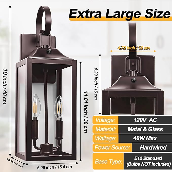 Oil Rubbed Bronze Dusk to Dawn Outdoor Wall Lighting, 19" Large Outside Modern Wall Sconce Lantern, Industrial Porch Light Wall Mount, Waterproof Farmhouse Exterior Lamp 2-Light Brown, 2 Pack