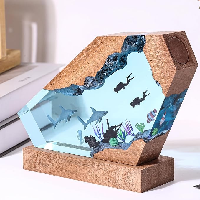 Hammerhead Shark Ocean Resin Lamp, Handmade Resin Night Light for Home Office Decor, Multi-Color LED Light with USB Port, Shark Gifts for Birthday Holiday, Valentine's Day Gifts for Him Her (10"x6")
