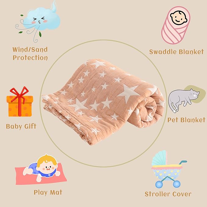NTBAY 3 Layer Toddler Blanket, Muslin Cotton Jacquard Bed Blankets, Lightweight Thermal Baby Blanket, Super Soft and Warm Crib Blanket for All Seasons, Decoration Gift, 30"x40", Pale Orange Star