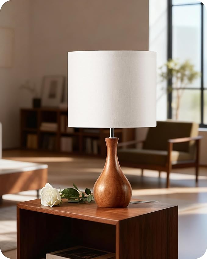 Small Table Lamp, Wood Desk Lamp with White Linen Lampshade & Dark Wood Bottle-Shaped Base, Modern Bedside Lamp with Cable, E26 Base, Bulb Not Included, for Bedroom, Kid's Room LW09TL05