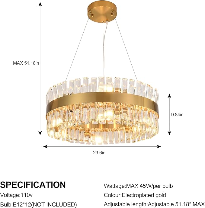 MADEM Modern LED Circular Crystal Chandeliers,Gold Chandelier Light Fixture, Contemporary Pendant Ceiling Light for Dining Room Living Room Kitchen Island,E12 x 12.