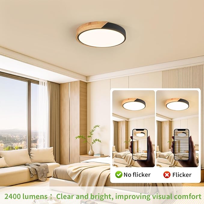 Modern LED Ceiling Light for Bedroom: Minimalist Wood Flush Mount Ceiling Light Fixture with Acrylic Lampshade - 3000K Not Dimmable Overhead Ceiling Lamps for kitchen hallway living room (11.8" Black)