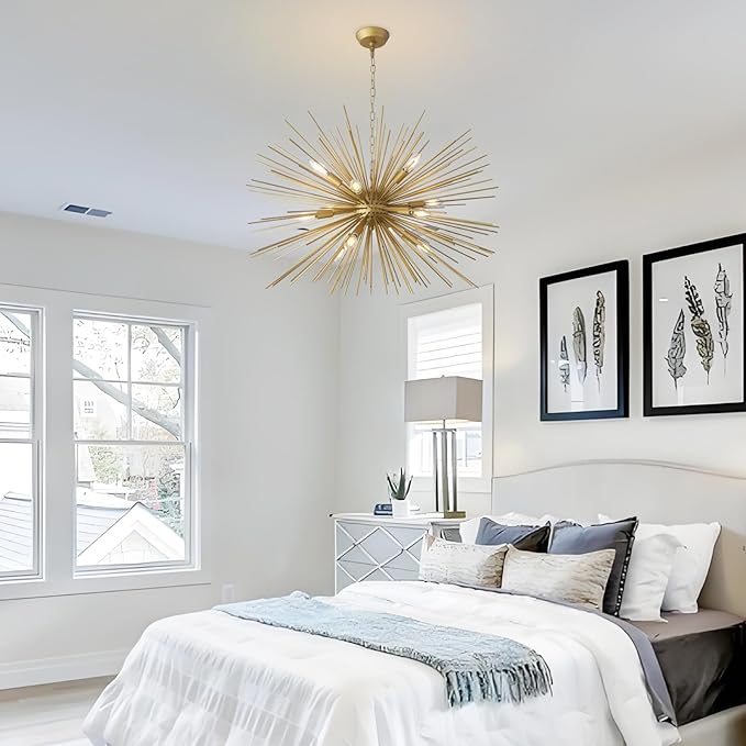 Modern 33.85" Golden Sputnik Chandelier Vintage 12-Lights Geometric Starburst Chandelier Light Fixture Solid Metal Gold Sputnik Chandelier for Dining Room, Kitchen, Bedroom, Living Room, E12