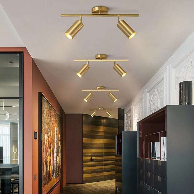 BOKT Mid Century Modern 2-Lights LED Track Lighting Kit 2 Ways Gold Flush Mount Ceiling Spotlight Brushed Brass Adjustable Angle Track Lighting Fixture