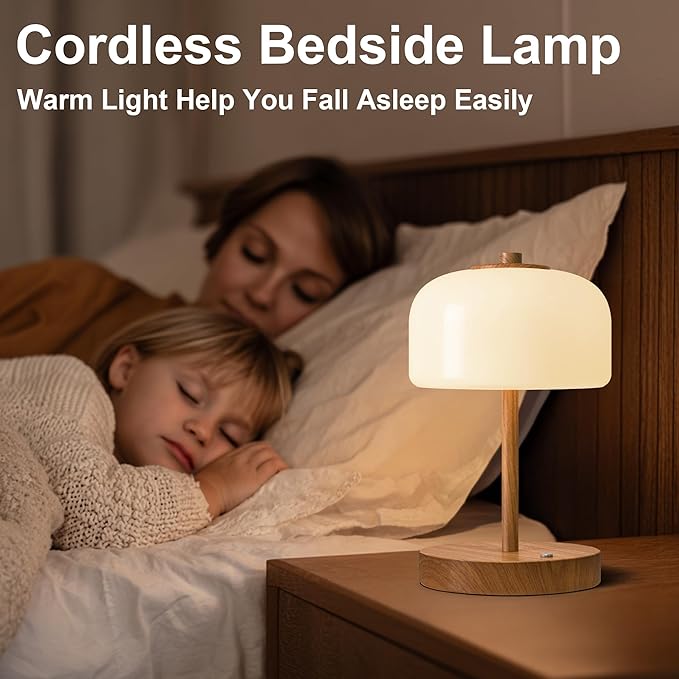 Oneach 9" Cordless Table Lamps Set of 2, Wood Grain Rechargeable Battery Operated Lamp, 3-Way Stepless Dimming Touch Lamps, Small Glass Bedside Nightstand Light for Bedroom Living Room Shelf Decor