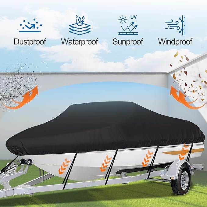 iCOVER Trailerable Boat Cover- 14'-16' Heavy Duty Waterproof Tarp Covers, Fits V-Hull, Fish&Ski, Pro-Style, Fishing, Runabout, Bass Boats, up to 14ft-16ft Long X 90" Wide