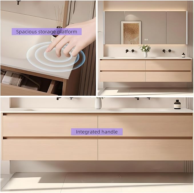 56'' Double Bathroom Vanity with Sink - LED Light & Defogging Function Mirror | Wall Mounted Bathroom Cabinet with 4 Drawers, Integral Ceramic Wash Basin