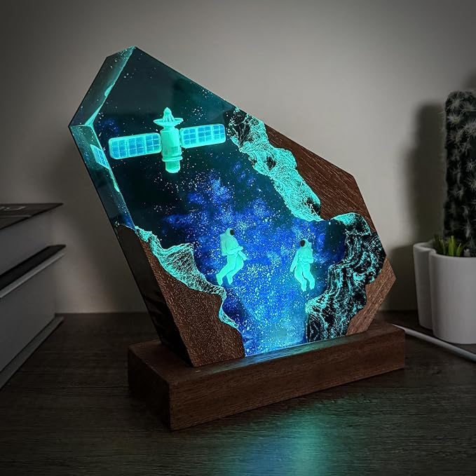 Space Resin Lamp - Handmade Galaxy Resin Night Light with USB Port, Variable Lights, Space Gifts for Adults, Astronaut Enthusiast Collectibles, Unique Birthday Gifts for Him & Her (8"x5")