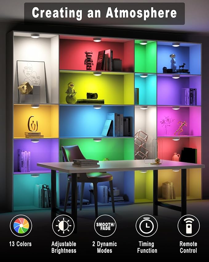 HELPLEX LED Puck Lights with Remote, 12 Pack Color Changing RGBW Stick-On Light, Battery Powered, Dimmable Under Cabinet Lighting with Timer & Memory, Wireless Push Lights for Kitchen & Closet
