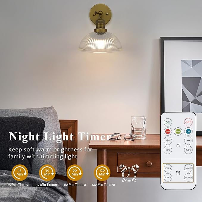Pathson Battery Operated Wireless Wall Sconce, Rechargeable Modern Wall Vanity Light, Striped Glass Bowl Lampshade, Remote Dimmable Wall Lighting Indoor Led Wall Lamp Fixture for Bedroom Living Room