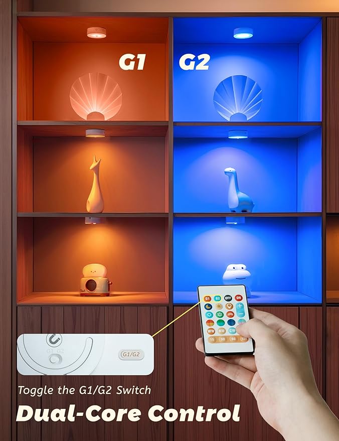 LED Tap, 6 Pack with Remote, 1200mAh Battery Rechargeable Puck Lights, Hooks Closets, Magnetic Stickers,Under Cabinet Lighting for Kitchen,Clost, Display Cabinet, Bookshlef, Indoor