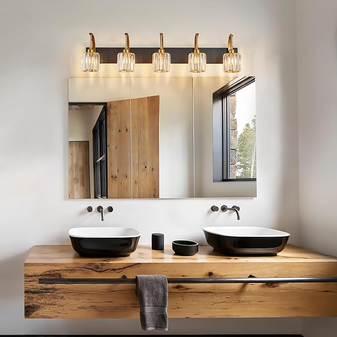 5-Light Crystal Vanity Light, Modern Black Gold Bathroom Wall Sconce with K9 Crystal Shades, 42.51" Long Over Mirror Lighting for Vanity, Makeup, Hallway, Elegant & Easy Installation