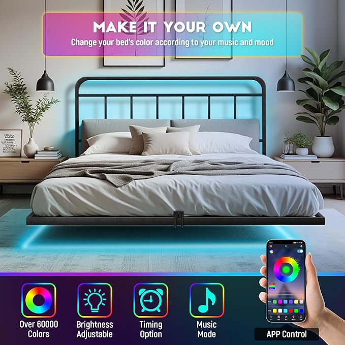 Floating Full Size Platform Bed Frame with LED Lights & Charging Station - Includes Powered Screwdriver for Assembly, Mattress Fasteners & Corner Pads, Hardened Steel