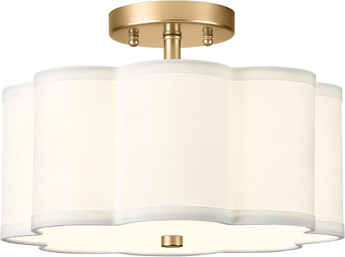 Gold Semi Flush Mount Ceiling Light, 3-Light 12.5" Ceiling Lighting Fixtures with Fabric Shade in Flower Shape, Farmhouse Brass Drum Lights for Nursery Hallway Bedroom, AD-22007-3SF-GD