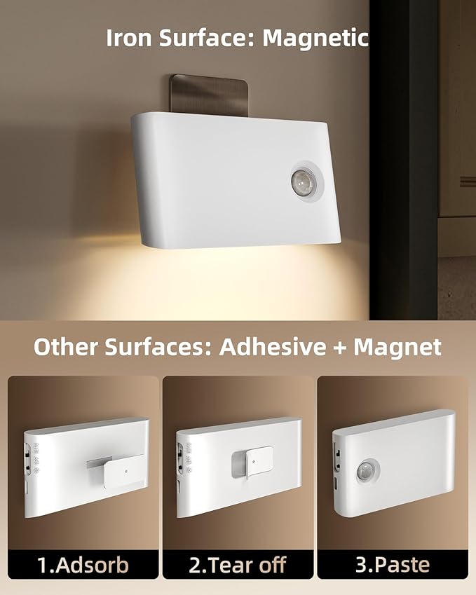 EZVALO 3 Pack LED Motion Sensor Night Lights, 1500mAh Rechargeable Sync Stair Lights Indoor, Magnetic & Dimmable, 3000K Soft White, Wireless Nightlight for Hallway, Stairs, Bathroom, Bedroom