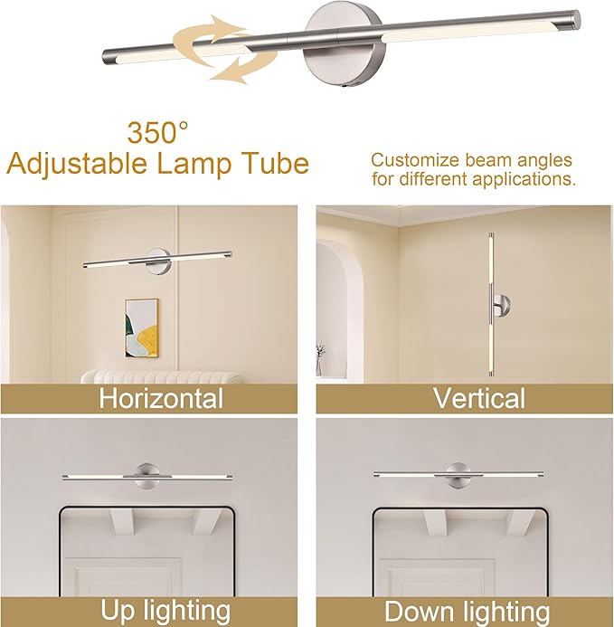 BONLICHT Brushed Nickel Bathroom Light Fixtures 24inch Dimmable 5CCT LED Vanity Light 12W 350°Rotatable Modern Bath Vanity Lighting Bar Over Mirror Contemporary Indoor Porch Sconces Wall Mount Lamp