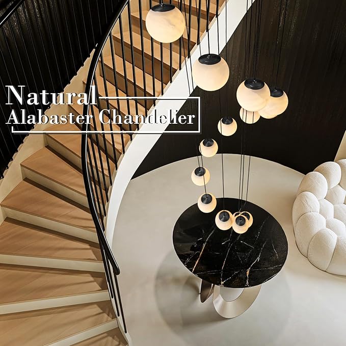 Black Alabaster Chandelier,14-Lights Staircase Chandelier for Entryway, Modern Marble Hanging Light Fixture, Hight Ceiling, Foyer, Living Room, Staircase, Entry