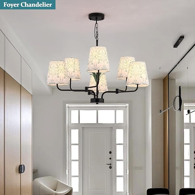 Black Chandeliers with White Fabric Shade, Farmhouse Green Plants Chandelier for Dining Room, Linear Island Lighting Fixture for Kitchen, Industrial, Foyer, Entryway, Living Room,Nature