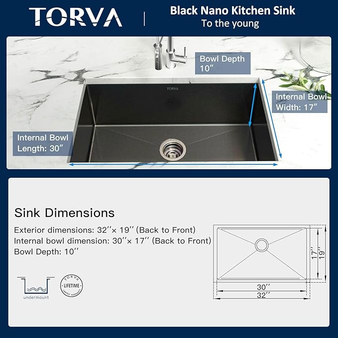 TORVA 32 x 19 Inch Gloss Black Ceramic Coating with NanoTek Undermount Kitchen Sink,PVD Coated Gunmetal Sink, 16 Gauge Stainless Steel Wet Bar or Prep Sinks Single Bowl, Dark Gray