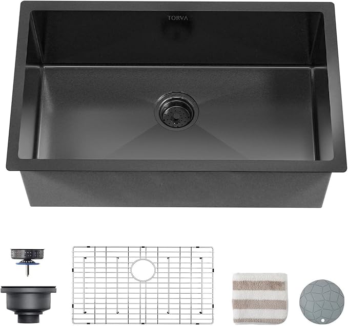 TORVA 30 x 18 Inch Black Ceramic Coating with NanoTek Undermount Kitchen Sink, PVD Coated Gunmetal Sink,16 Gauge Stainless Steel Wet Bar or Prep Sinks Single Bowl,Dark Grey