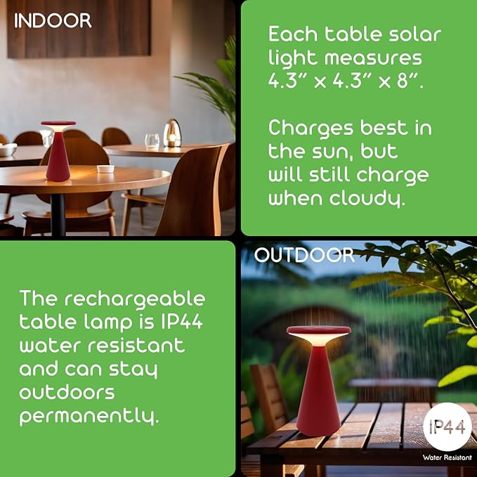 Portable Solar Powered Mushroom LED Table Lamp - Indoor/Outdoor Use - Stepless Dimming - Up to 45 Hour Rechargeable Battery - 1.6W, 160 lumens, 2700K - IP44 Weather Resistant - Red