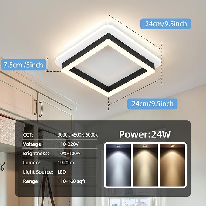 LED Ceiling Light Fixture, 25W Modern Flush Mount Square LED Light with Remote for Hallway, Bathroom, Kitchen, Bedroom, Living Room