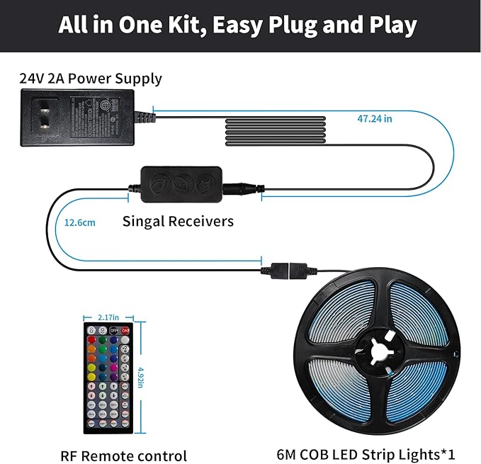 COB RGB LED Strip Lights, Bright 20ft RGB COB LED Lights for Game Room Bedroom Kitchen Lighting Home Decor LED Light Strip with 44 Keys Remote Smart App Control Music Sync Color Changing