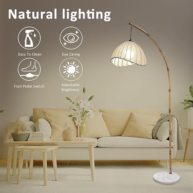 Boho Arc Bamboo Floor Lamp,Vintage Bohemia Floor Lamps with 3 Color Temperatures,Floor Light for Living Room and Bedroom Lighting Decor,Marble Base