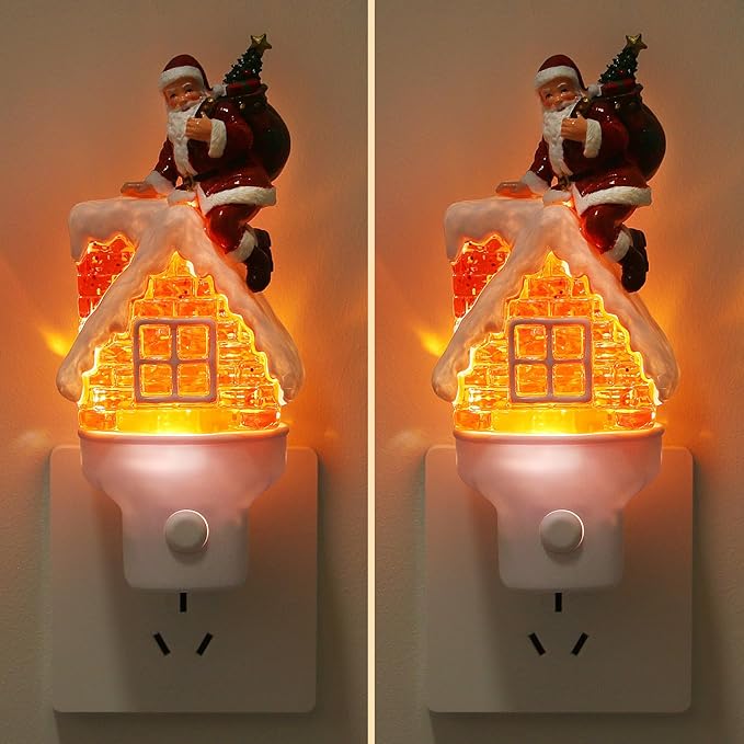 2 Pack Christmas Santa Night Light Plug into Wall Glitter Water Nightlight with USB/Outlet Options, Christmas Decorative Nightlight for Bedroom Kitchen Hallway Holiday Decorations Gifts (Santa)