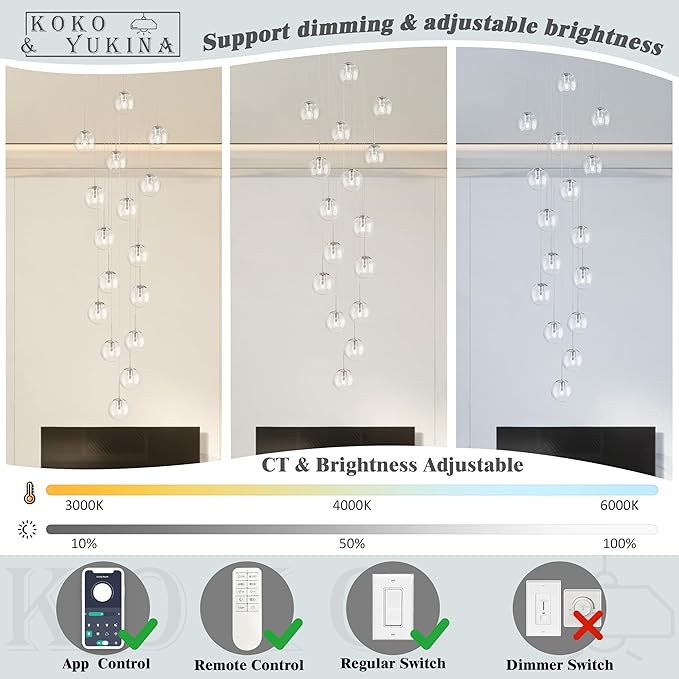 KoKo&Yukina 16-Light Nickel Mid Century Modern Chandelier for Living Room Staircase Chandelier for Entryway Clear Globe Glass Chandelier High Ceiling Chandeliers Foyer Entryway (Bulb & Remote Incl.)