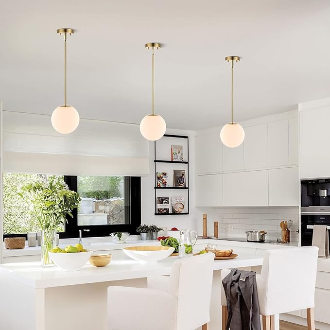 Modern Globe Pendant Light 1-Light Mid Century Chandelier Large 7.87” White Globe Glass Shade Brushed Brass Finished Hanging Light Fixture for Kitchen Island (Gold)