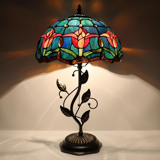 Tiffany Table Lamp, Stained Glass Desk Light, W12H19 Inch, Metal Leaf Base (Tulip Style)
