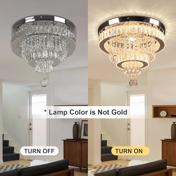 Finktonglan 16" Crystal Chandelier 2 Rings Crystal Ceiling Light Fixture Modern Chandelier LED Chandeliers Light Fixture for Dinning Room Bedroom Living Room 2700K Warm Light, Not Golden