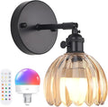 Vintage Battery Operated Wall Sconce with Cute Amber Tulip Glass Lampshade Wireless Rechargeable Battery Powered Black Wall Light with Remote Control for Bedside Bedroom Doorway