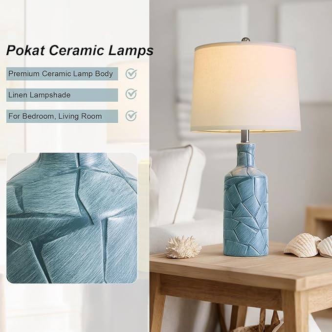 PoKat 26'' Farmhouse Ceramic Table Lamps Set of 2, Blue Bedside Lamps for Living Room, Nightstand Lamps for Bedroom Night Stands, Bedroom Lamps for Side Table End Table Hallway, Blue