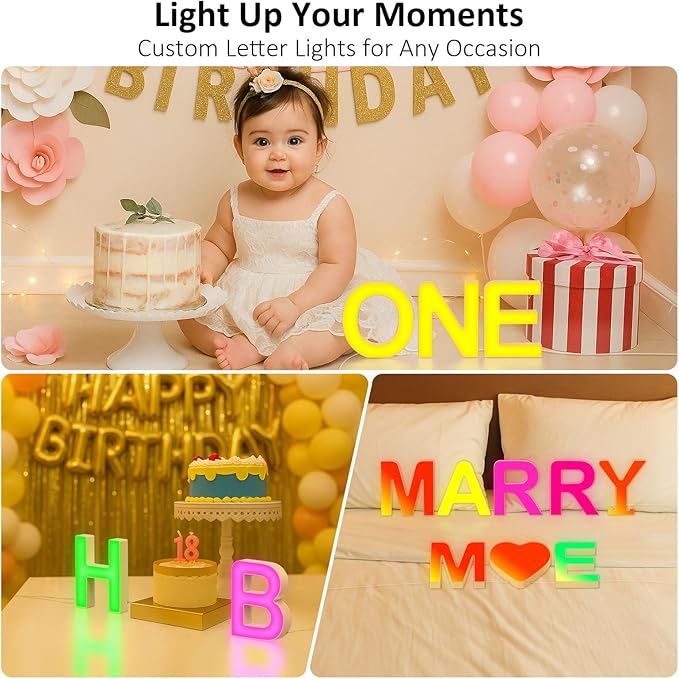 Light Up LED Letter Lights – USB Powered Color Changing Alphabet Sign, APP Controlled Night Light for Bedroom, Party, Birthday, Christmas & Valentine Decorations, A