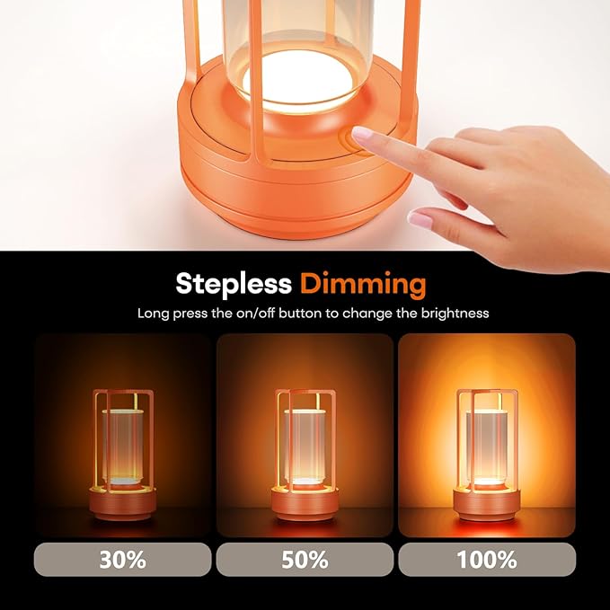Portable Metal Table Lamp for Indoor/Outdoor ,Rechargeable Cordless LED Lamp, 3-Colour Infinitely Dimming Battery Powered Small Desk Lamp, Restaurant/Bedroom/Bar/Coffee/Camping Light (Orange set of 2)