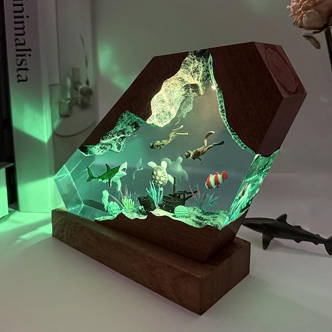 Shark Ocean Resin Lamp, Handmade Resin Night Light for Home Office Decor, Multi-Color LED Light with USB Port, Shark Gifts for Birthday Holiday, Valentine's Day Gifts for Men Him Kids (10"x6")