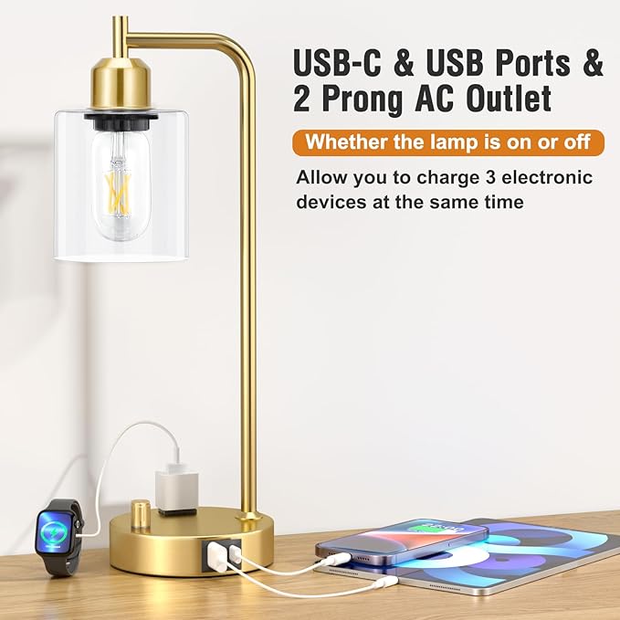 Innqoo Industrial Table Lamp for Bedroom Set of 2 - Fully Dimmable Bedside Lamps with USB Ports and Outlet, Gold Nightstand Lamps with Clear Glass Shade for Living Room, Desk Lamps for Office Reading