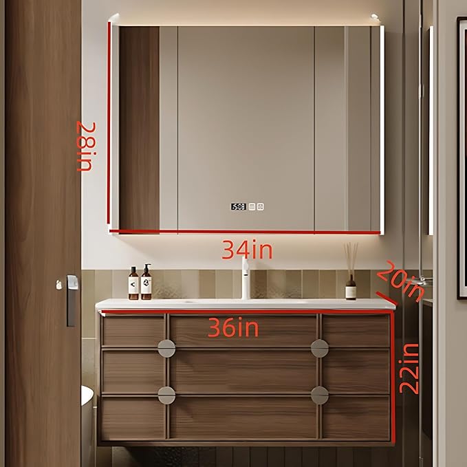 Bathroom Vanity - Wall Mounted Cabinet with 4 Drawers & Integral Ceramic Wash Basin | Smart Mirror Including LED Light Defogging (Style A, 36in)