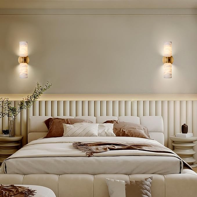 Alabaster Wall Sconce, 14in Modern Spanish Natural Marble Bathroom Vanity Sconces, Unique Indoor Brass Wall Lighting,Gold Fixtures Decor for Bedroom Living Room Staircases