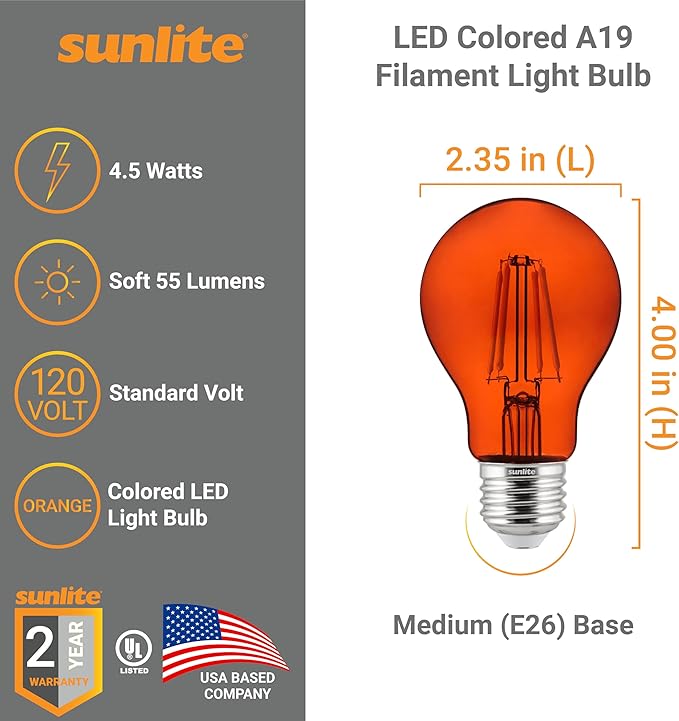 Sunlite 40944 LED Colored Filament A19 Light Bulb, 4.5 Watts, Medium E26 Base, 120 Volts, Transparent Orange, Dimmable, 320 Degree Beam Angle, UL Listed, 6 Count