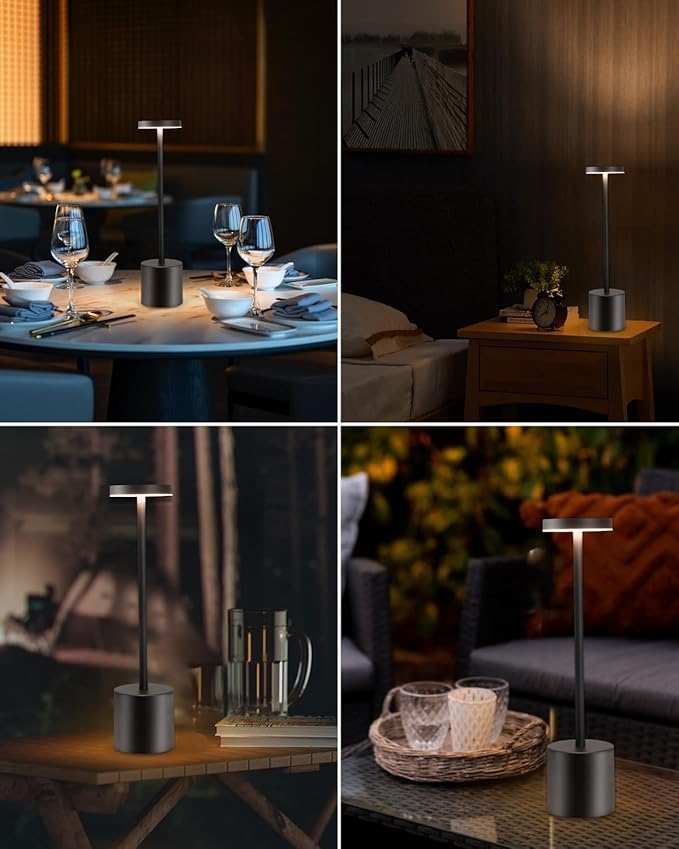 LED Cordless Table Lamp Set of 2, Portable 5000mAh Rechargeable Table Lamps, Touch Control Outdoor Table Lamp, 3 Color Dimmable Cordless Table Light For Dinner, Patio, Bedroom, Restaurant - Black