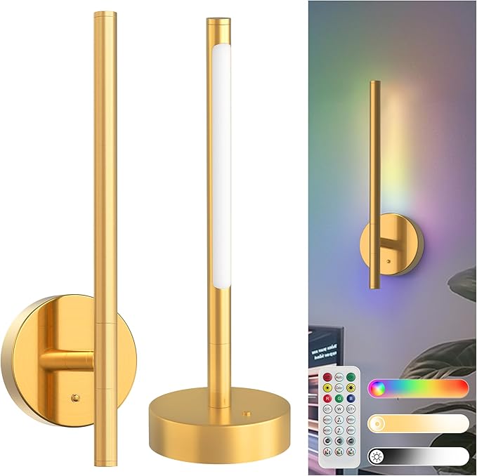 L LOHAS LED Battery Operated Wall Sconces & Table Lamp Set of 2, 10000mAh Rechargeable Battery Wall Light with App Control, 3CCT Dimmable & DIY RGB, No Wiring Modern Sconce Wall Decor, Gold