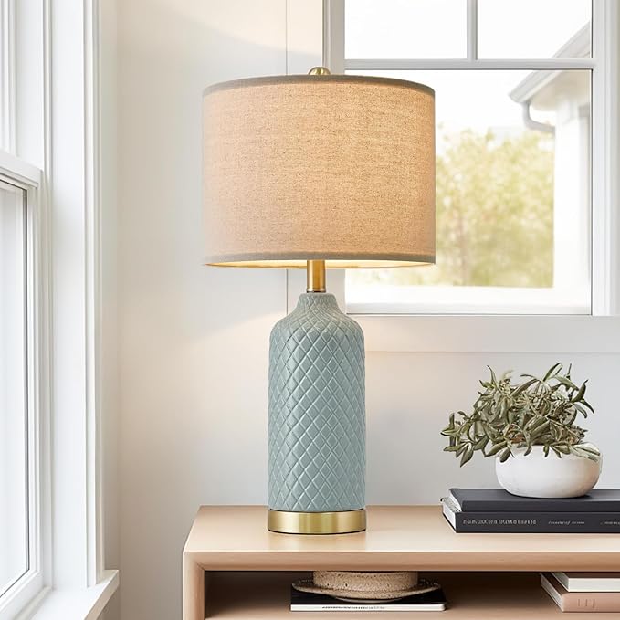 24.25" Modern Ceramic Blue Lamps for Living Room & Bedside, Farmhouse & Boho Style, Coastal & End Table Lamps