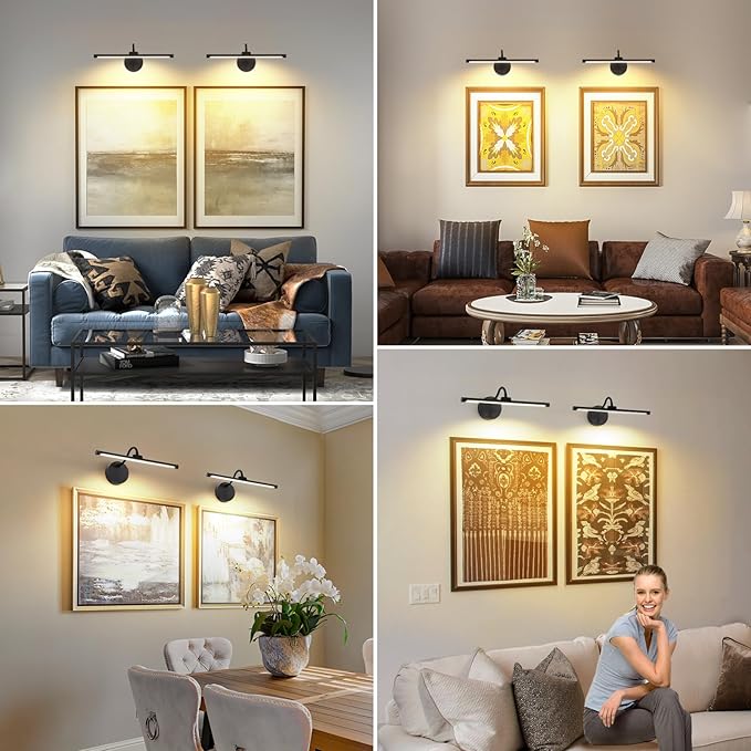Picture Lights for Wall – Wireless Rechargeable LED Light with Remote, Adjustable Arm, Gold Battery Operated Display Lighting for Paintings, Bedroom, Gallery Wall Décor (Black, 12.6 inch - 2Pack)