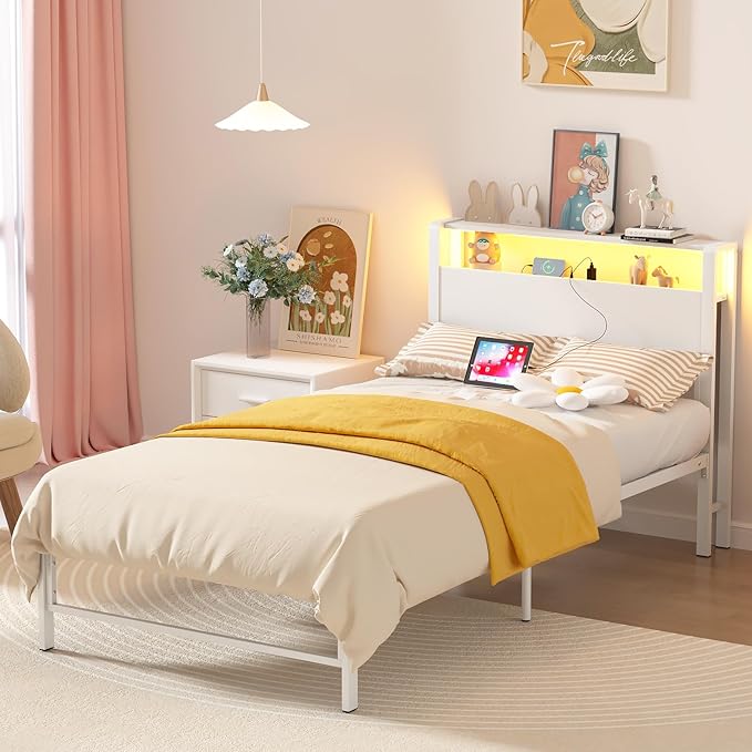 Weehom Twin Bed Frames with 2 Tiers Wood Storage Shelves Headboard, Twin Size Bed with Charger Stations and LED Light Under Bed Storage Space Platform Bed for Kids, Girls and Adults, White