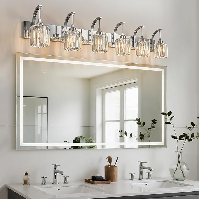 6-Light Crystal Vanity Light, Chrome Modern Wall Sconce with K9 Crystal Shades, 51.18" Long Over Mirror Lighting for Bathroom, Makeup, Hallway, Elegant & Easy Install